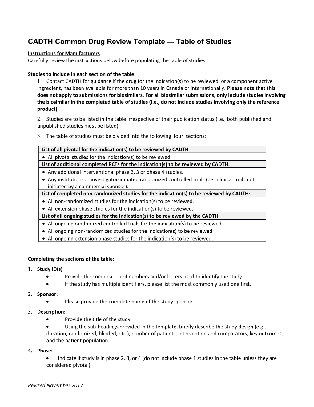 CADTH Common Drug Review Template Table of Studies