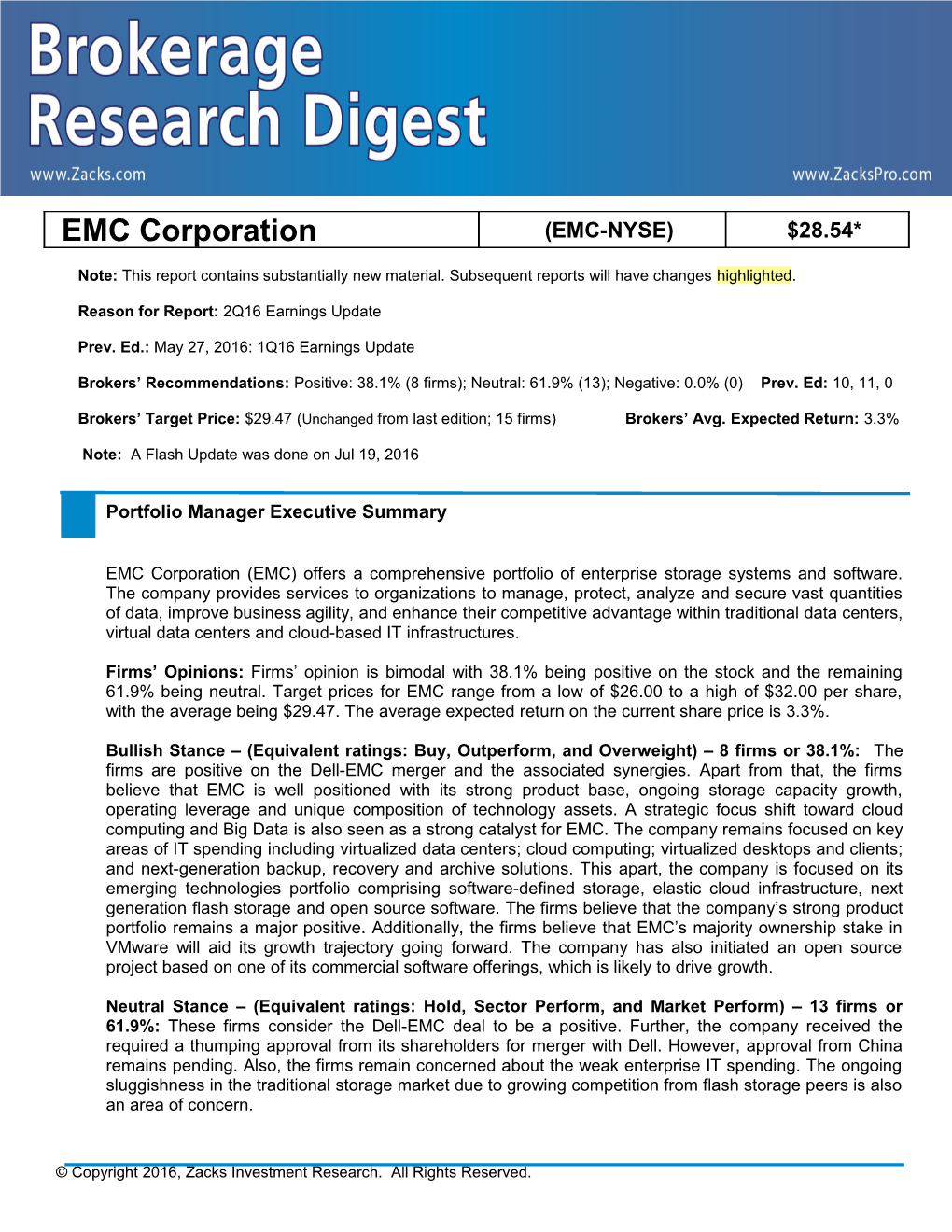 Reason for Report: 2Q16 Earnings Update