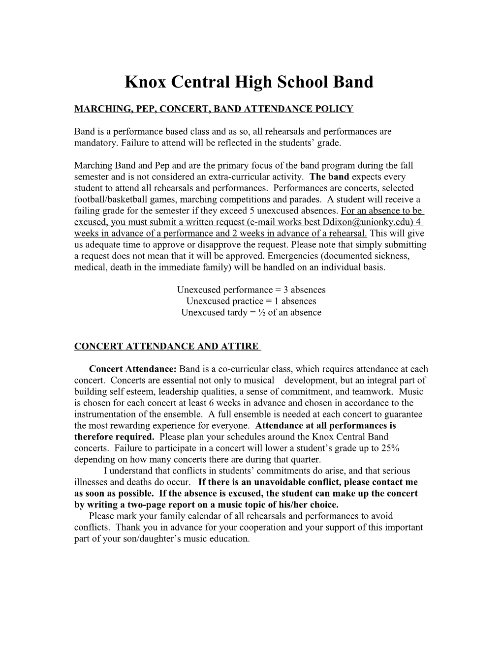 Dear Knox Central Band Parent