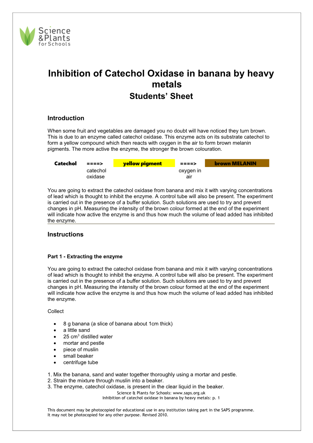 Inhibition of Catechol Oxidase in Banana by Heavy Metals