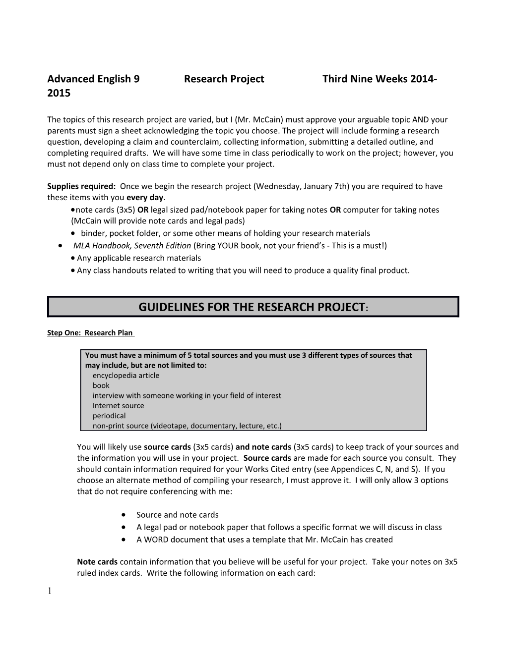 Advanced English 9 Research Project Third Nine Weeks 2014-2015