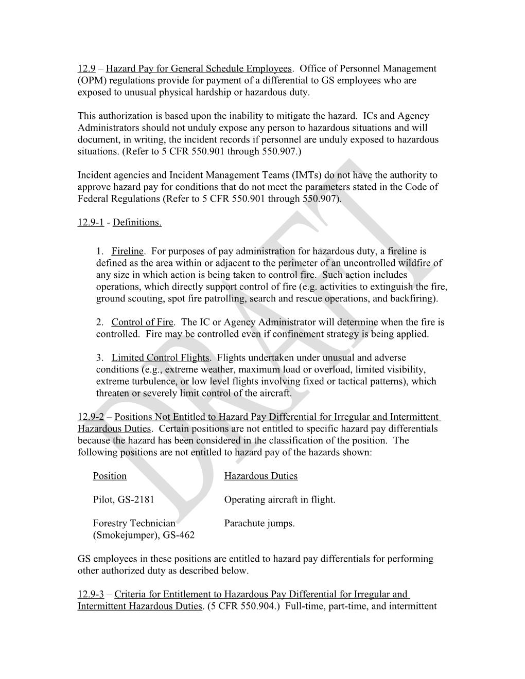 12.9 Hazard Pay for General Schedule Employees. Office of Personnel Management (OPM) Regulations