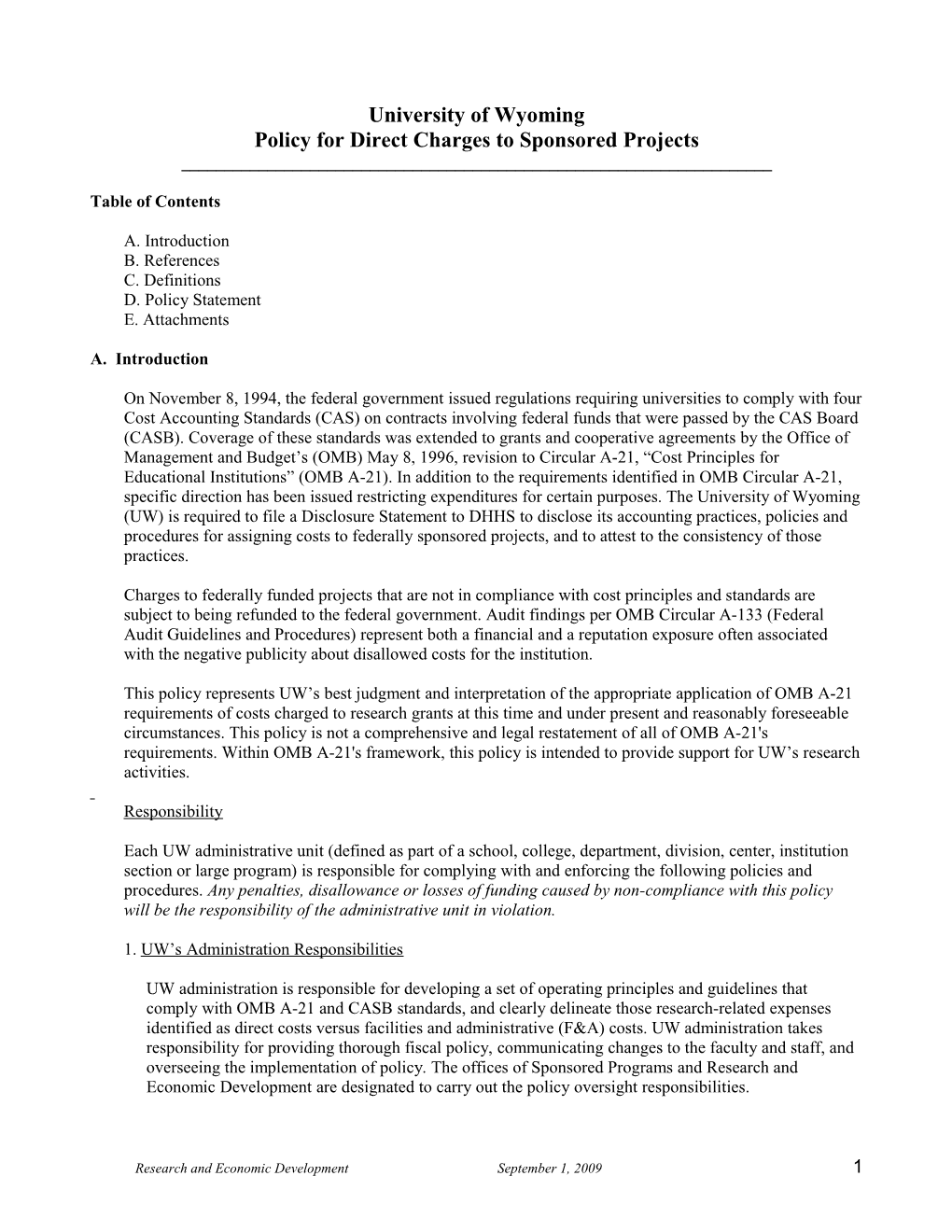 Policy for Direct Charges to Sponsored Projects