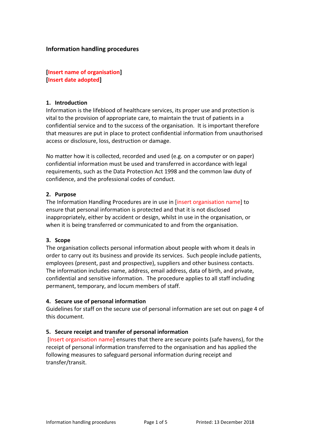 Dental Template - Information Handling Procedures