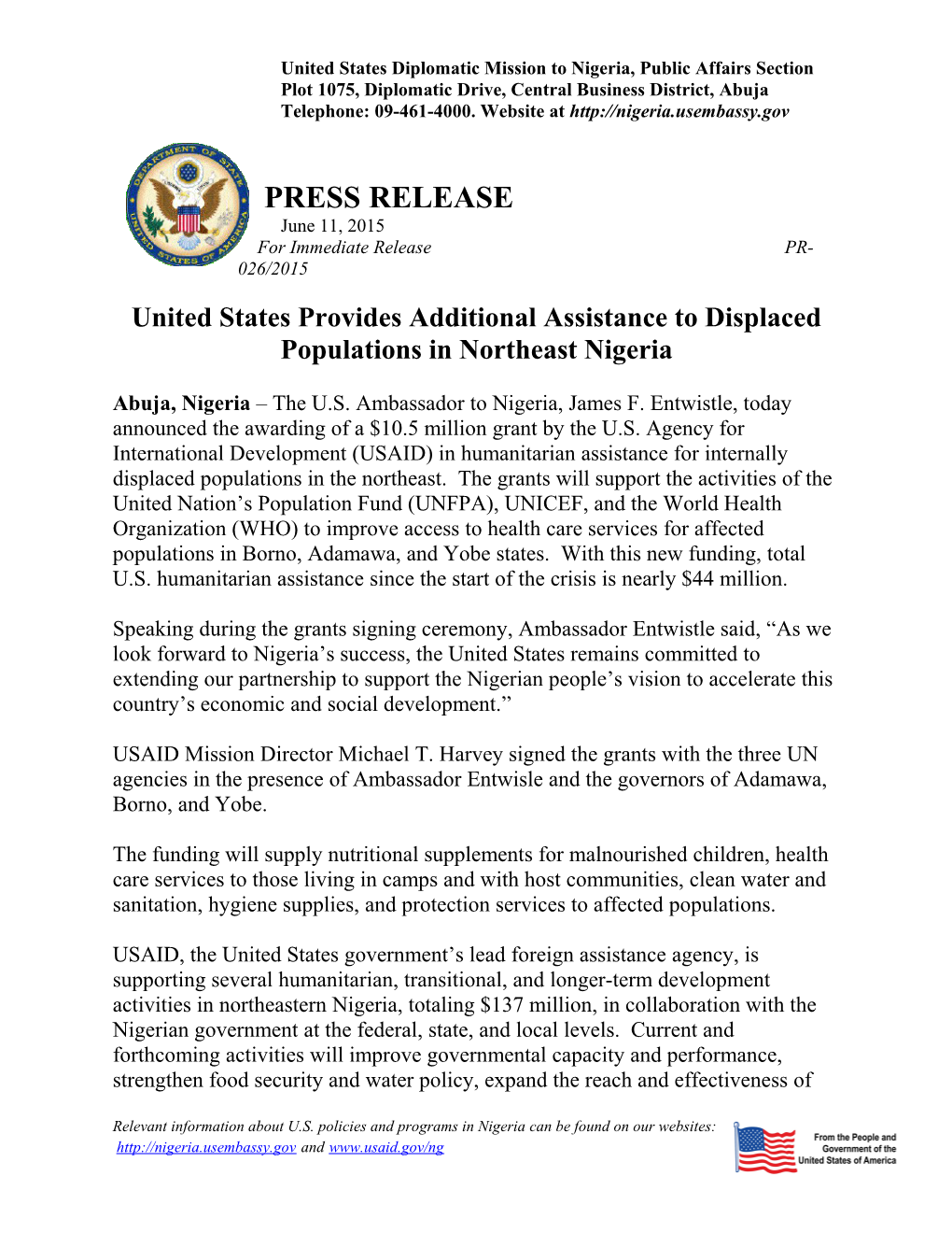 United States Provides Additional Assistance to Displaced