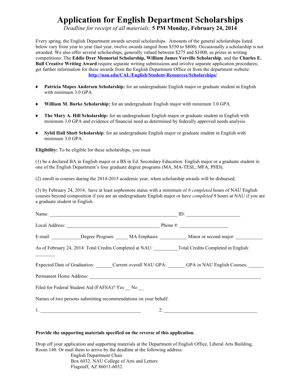 Application for English Department Scholarship