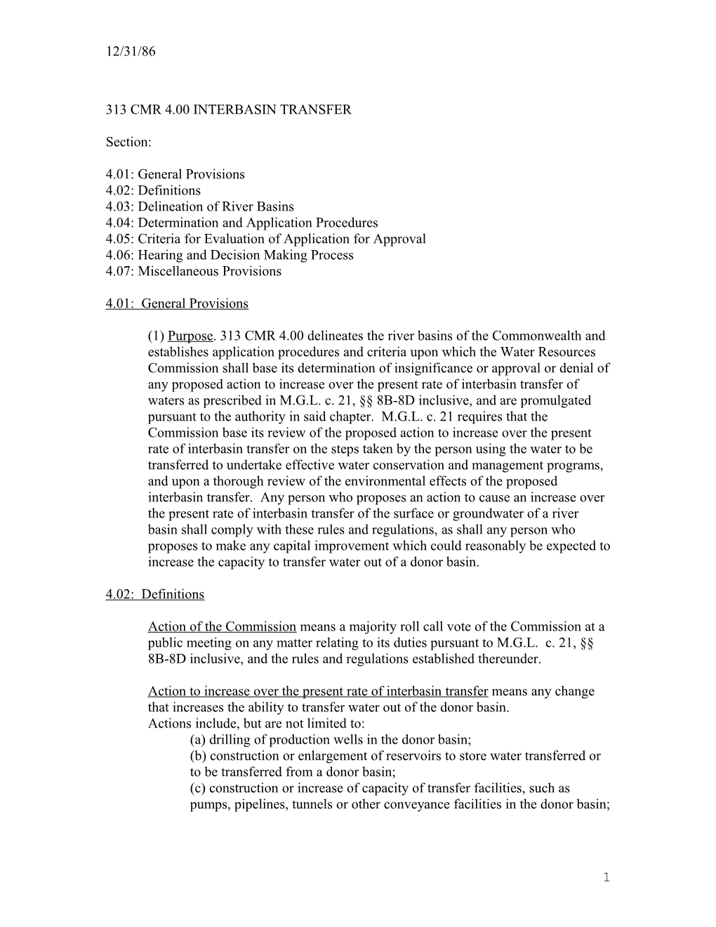 Possible Regulatory Changes: 313 CMR 4.00 Interbasin Transfer (Proposed by Michele Drury