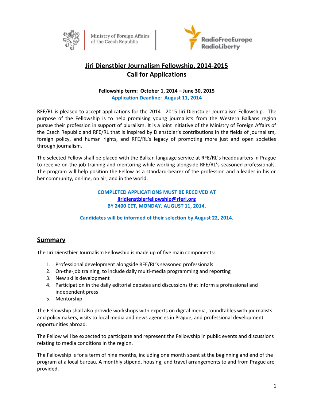 Jiri Dienstbier Journalism Fellowship, 2014-2015