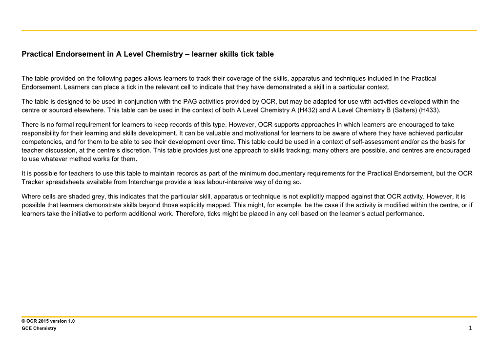 Practical Endorsement in a Level Chemistry Learner Skills Tick Table