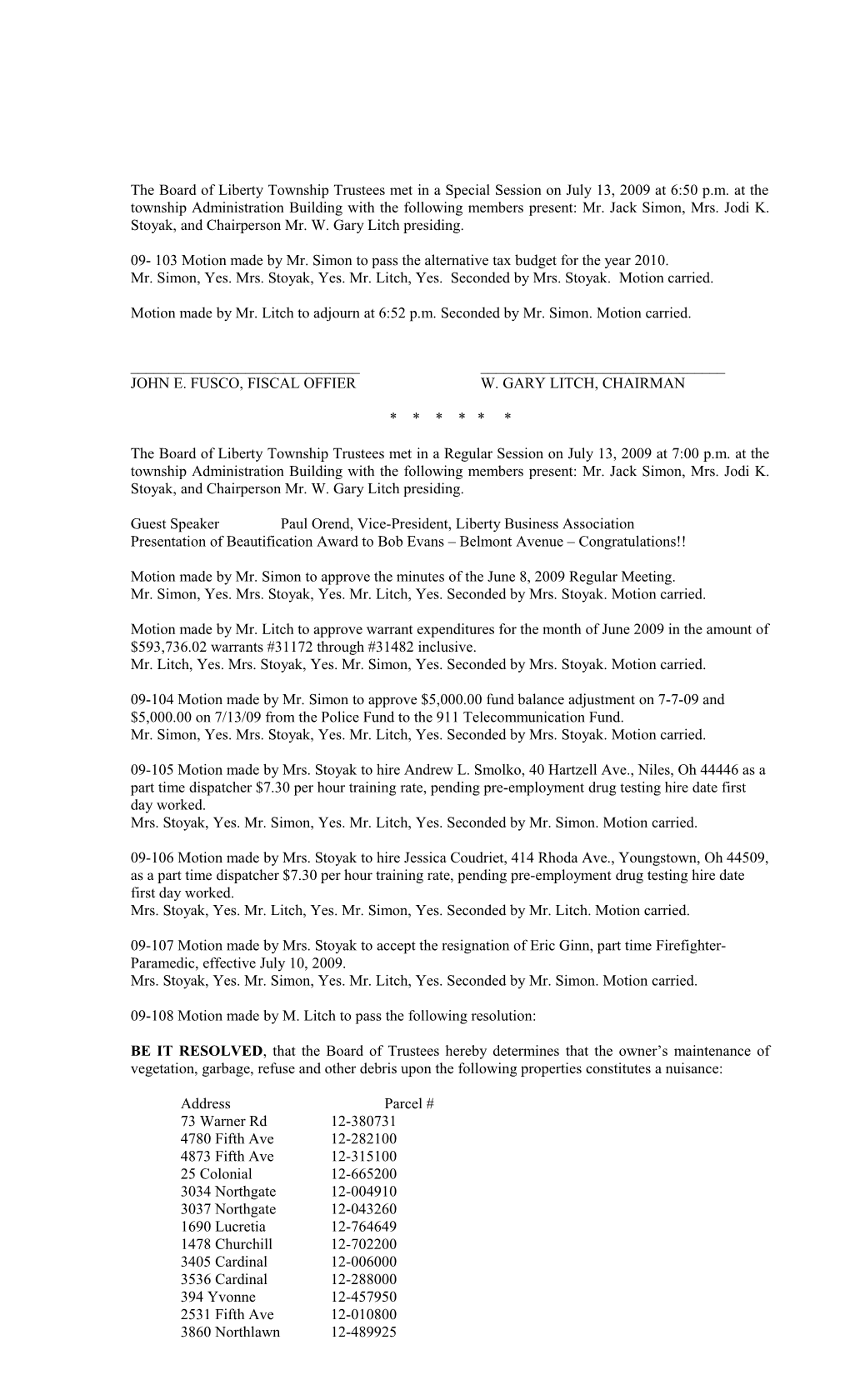 09- 103 Motion Made by Mr. Simon to Pass the Alternative Tax Budget for the Year 2010