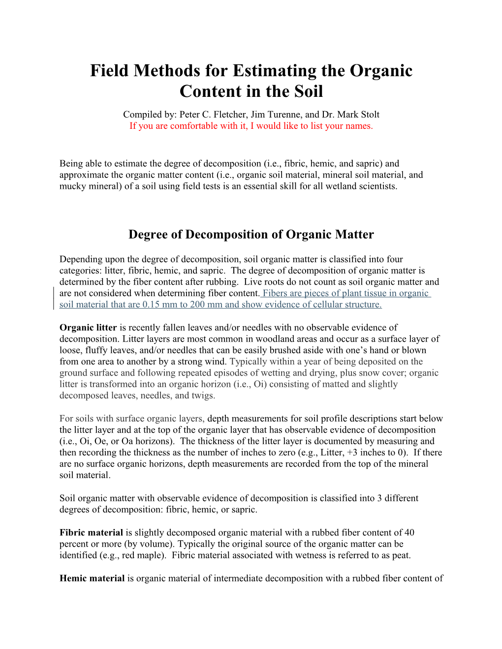 Field Methods for Estimating the Organic Content in the Soil