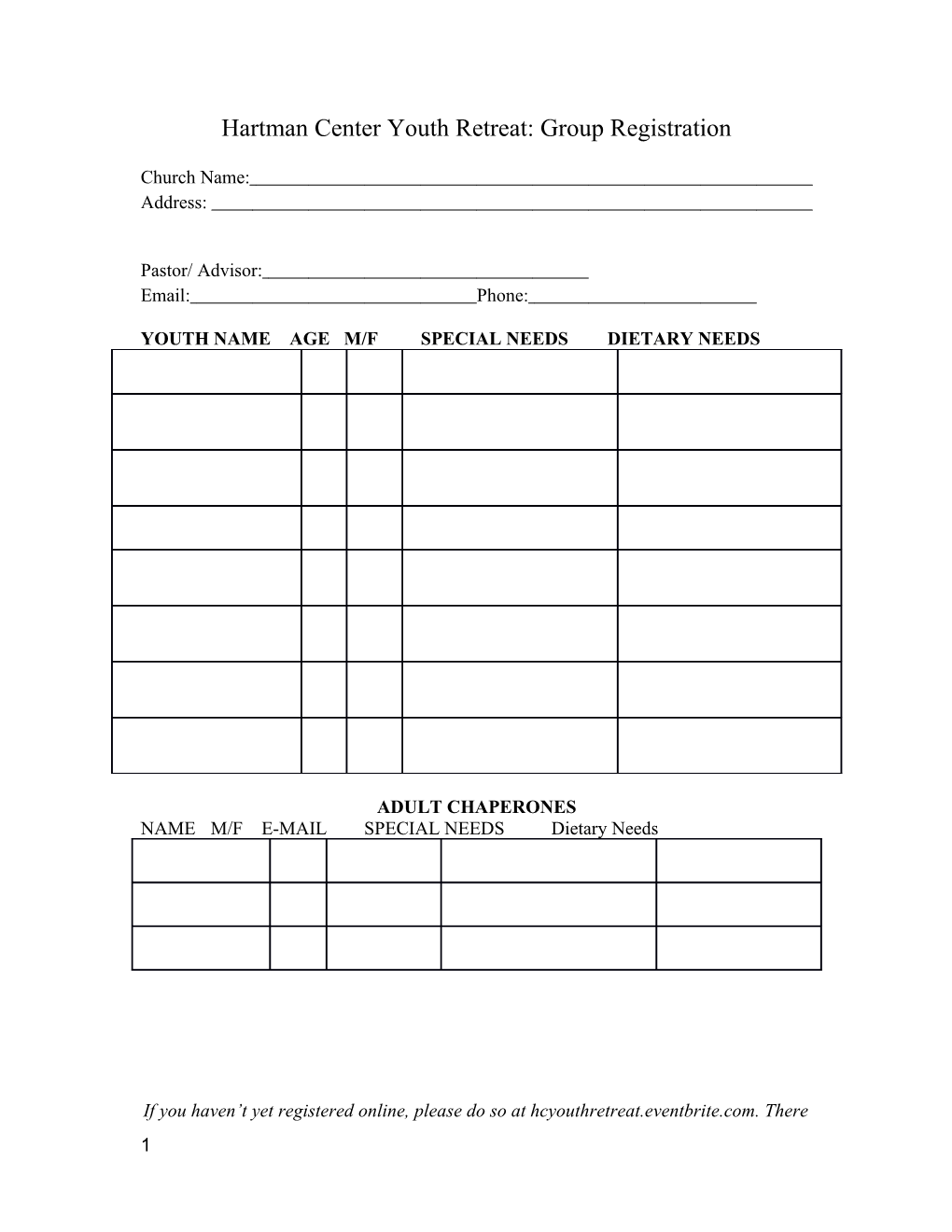 Youth Name Age M/Fspecial Needs Dietary Needs