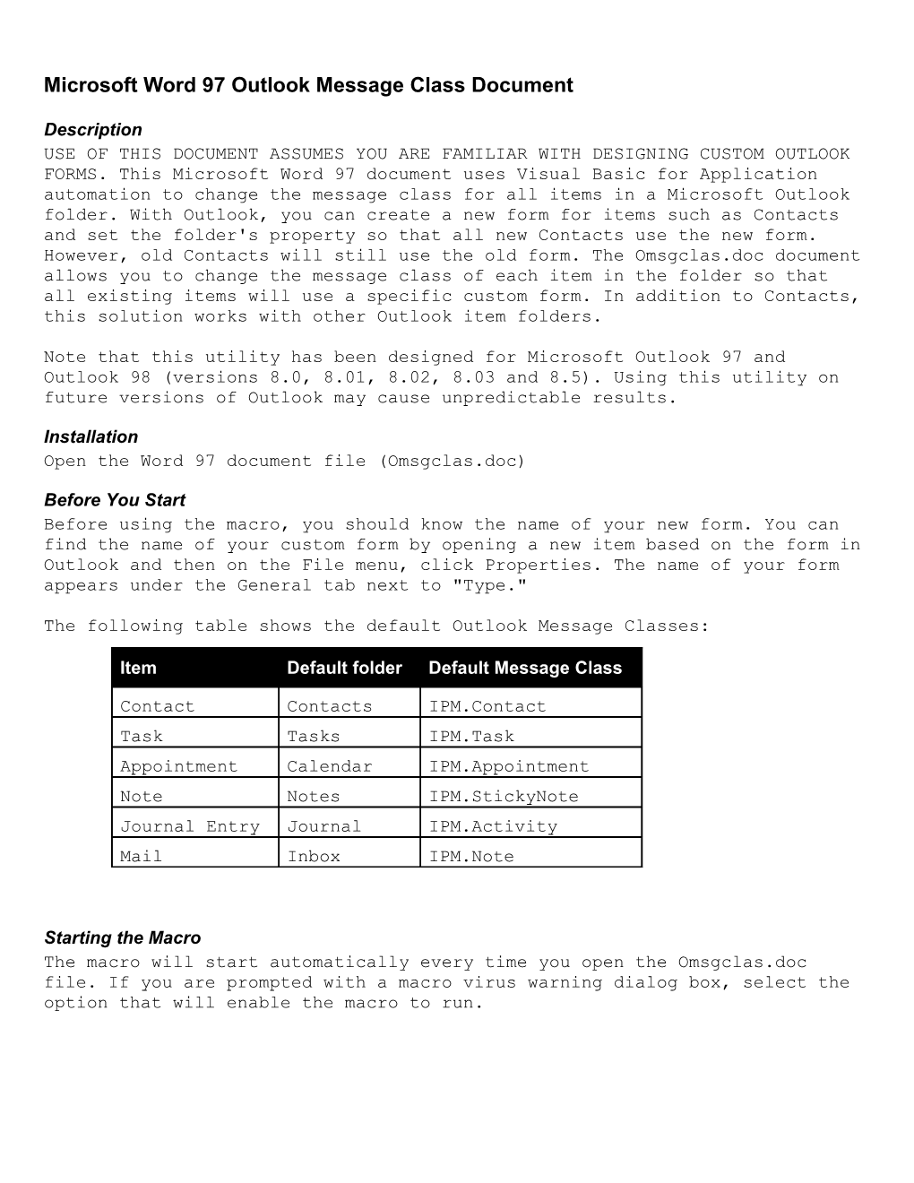 Microsoft Word 97 Outlook Message Class Document