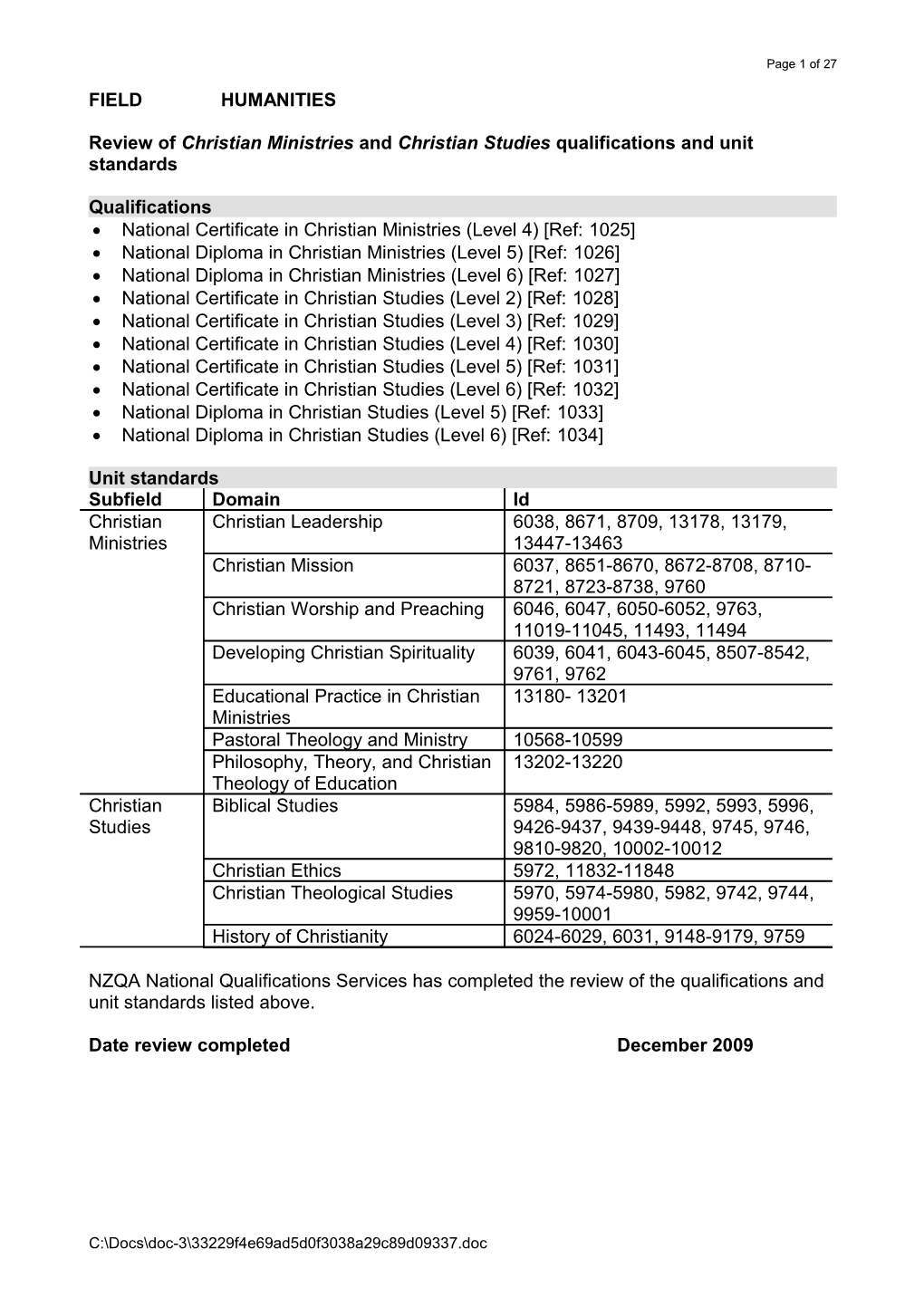 Review of Christian Ministries and Christian Studies Qualifications and Unit Standards