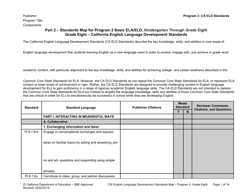 ELD Standards Map, Program 2 Grade 8 - Instructional Materials (CA Dept of Education)