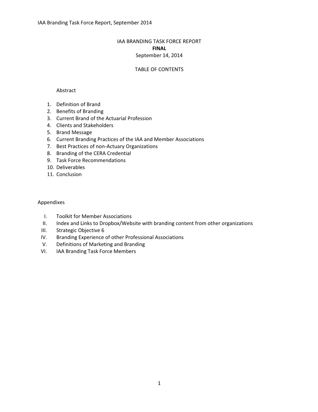 IAA Branding Task Force Report, September 2014