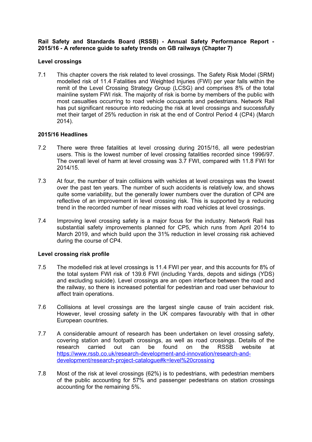 Rail Safety and Standards Board (RSSB) - Annual Safety Performance Report - 2015/16