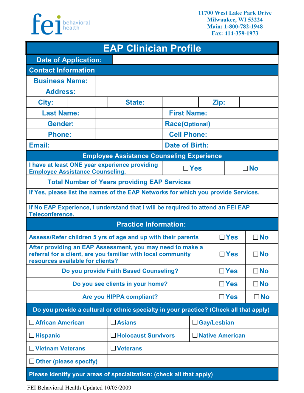 FEI Behavioral Health Updated 10/05/2009