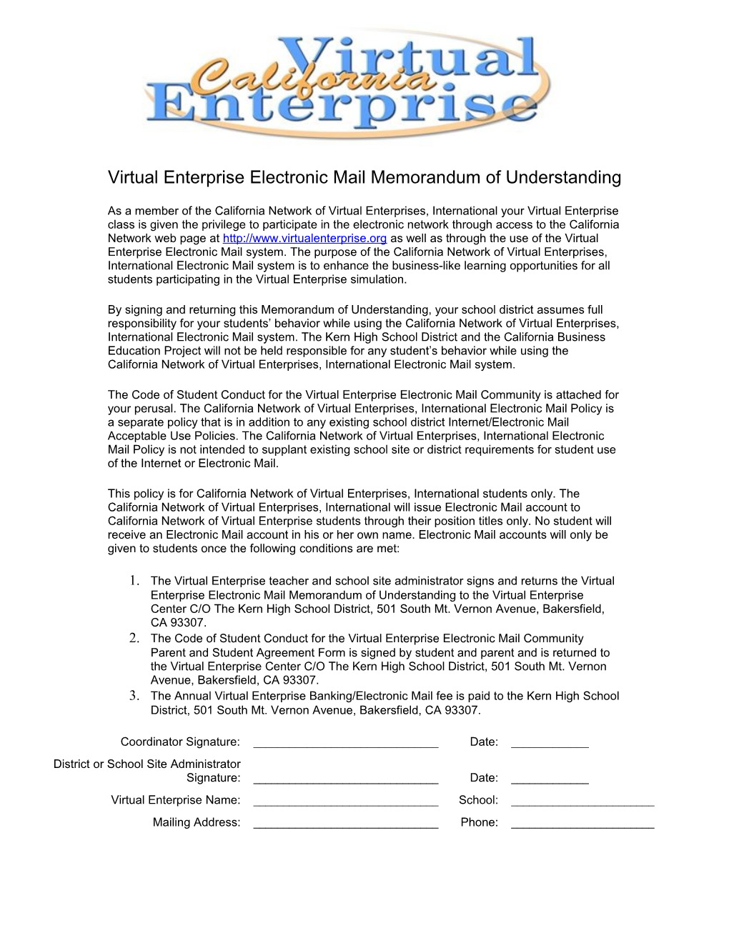 Virtual Enterprise Electronic Mail Memorandum of Understanding