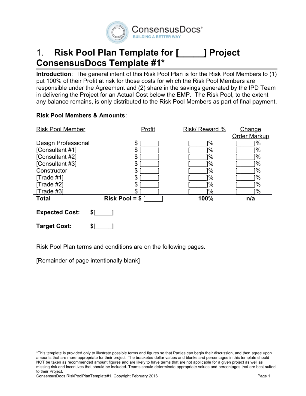 Risk Pool Plan Template for _____ Projectconsensusdocs Template #1*