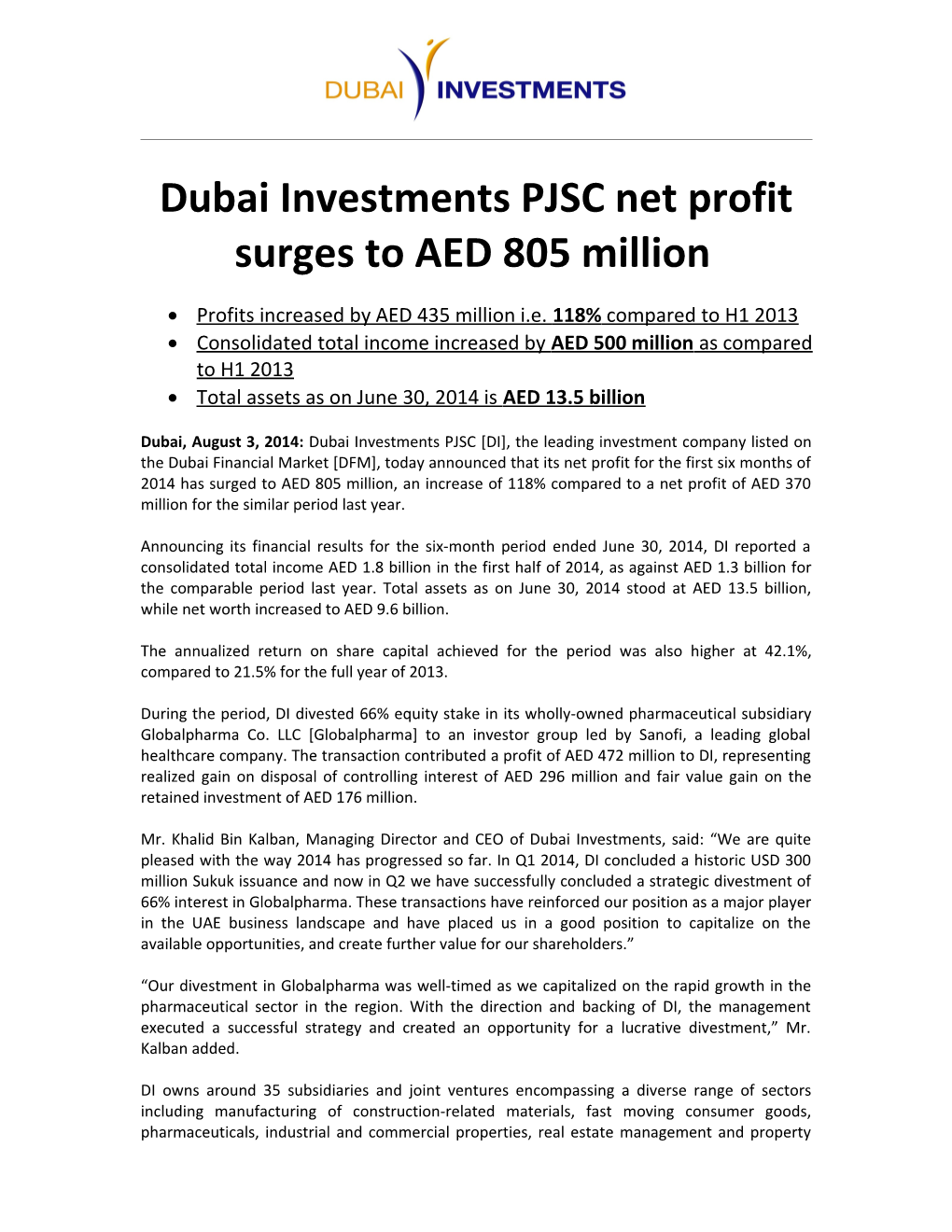 Dubai Investments PJSC Reports Revenue of AED 2