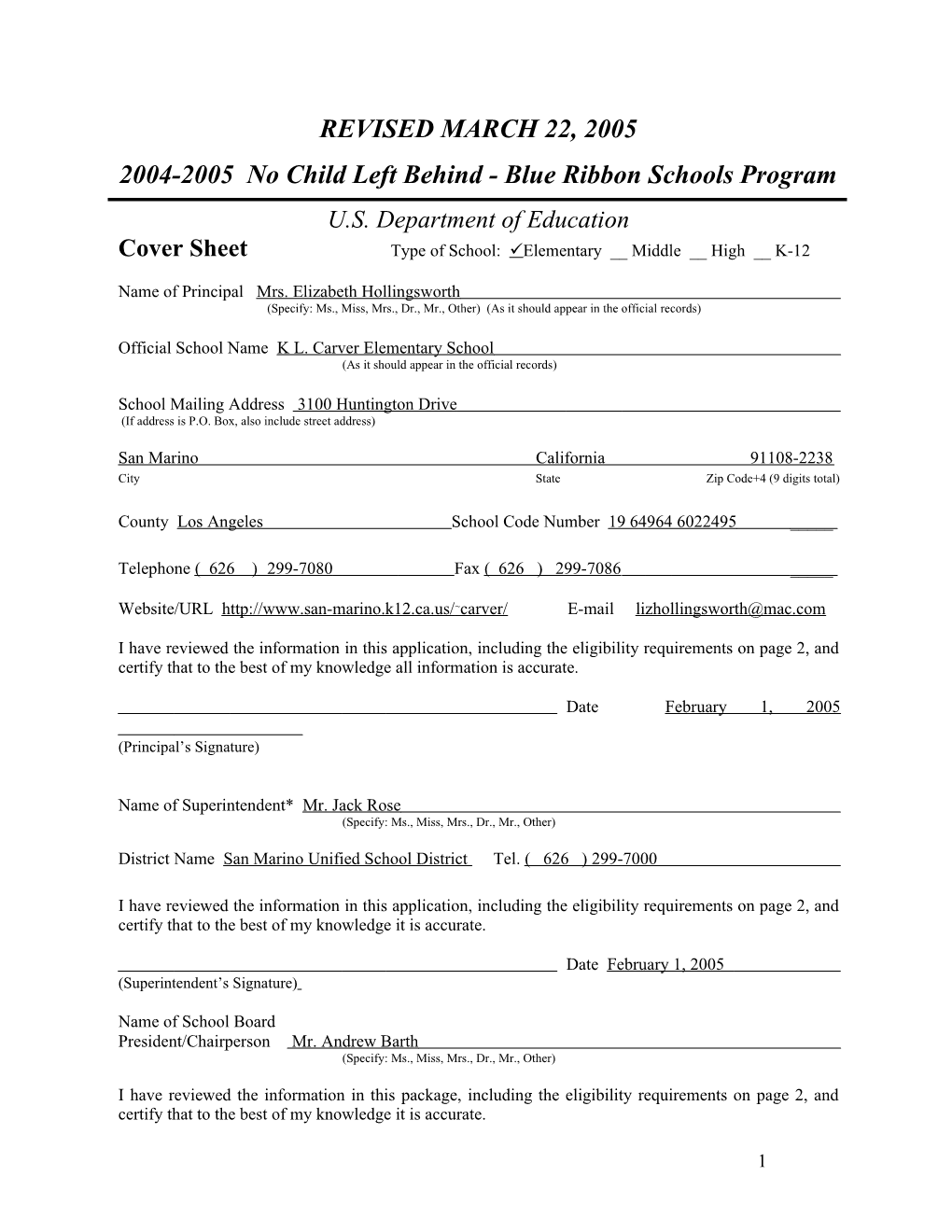 K. L. Carver Elementary School Application: 2004-2005, No Child Left Behind - Blue Ribbon