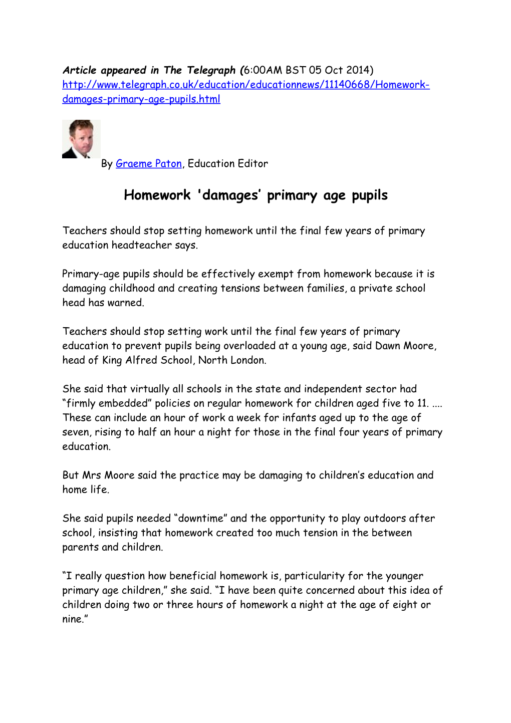 Homework 'Damages Primary Age Pupils