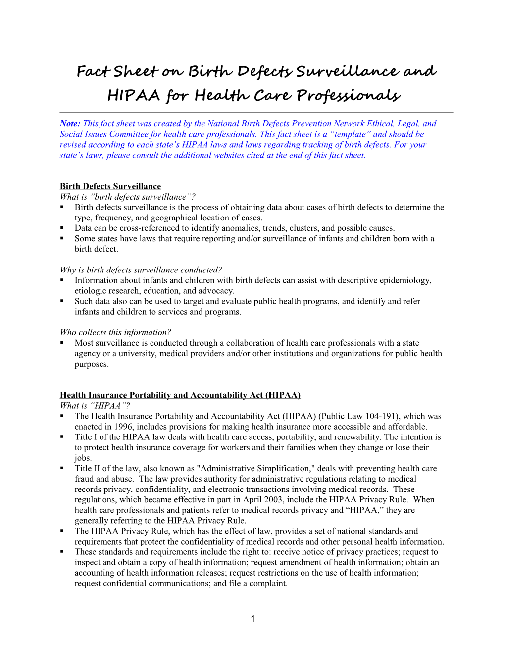 Fact Sheet on Birth Defects Surveillance and HIPAA