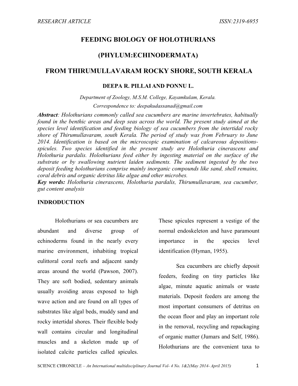 Feeding Biology of Holothurians (Phylum:Echinodermata)