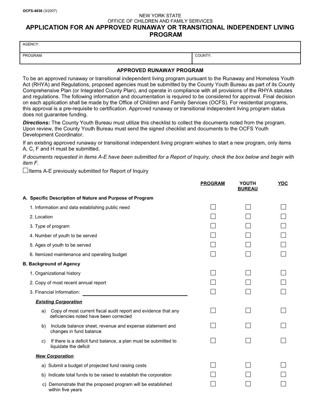 Application for an Approved Runaway Or Transitional Independent Living Program