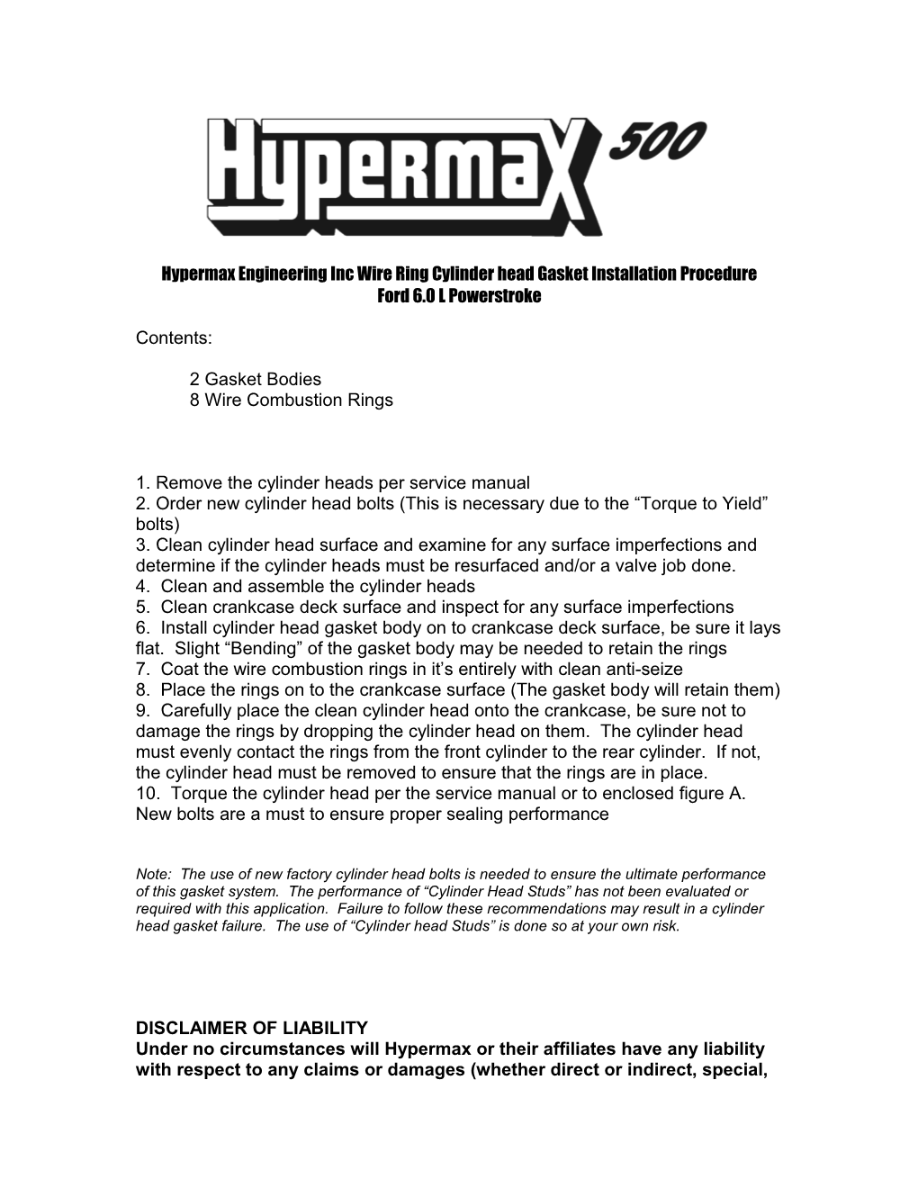 Hypermax Engineering Inc Wire Ringcylinder Head Gasket Installation Procedure