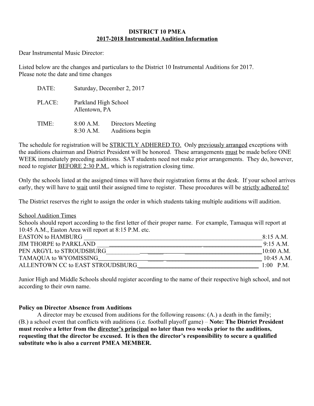 2017-2018 Instrumental Audition Information