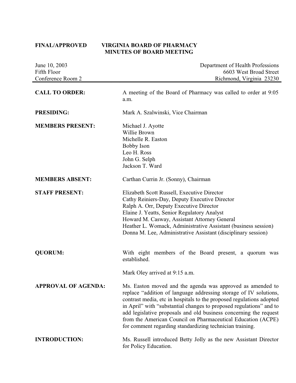 Virginia Board of Pharmacy Minutes 06-10-2003