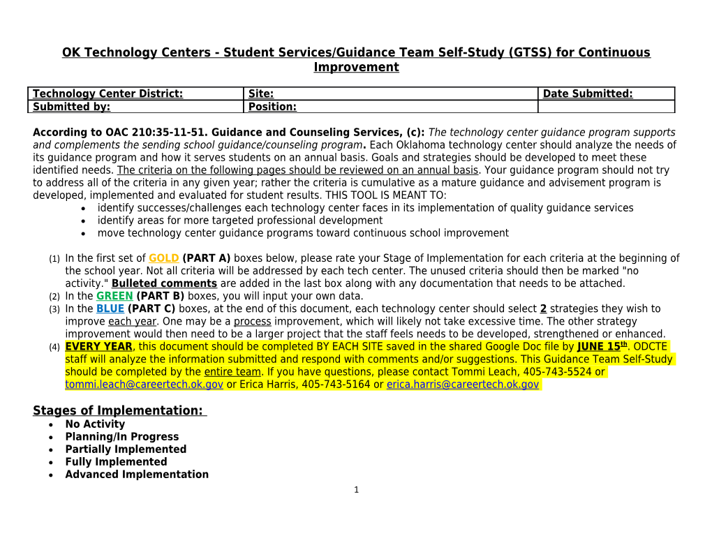 OK Technology Centers - Student Services/Guidance Team Self-Study (GTSS) for Continuous