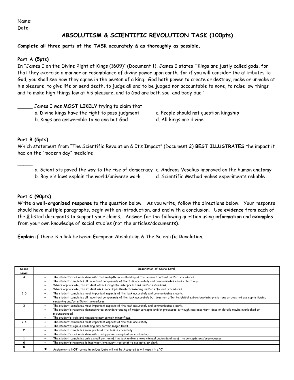 ABSOLUTISM & SCIENTIFIC REVOLUTION TASK (100Pts)