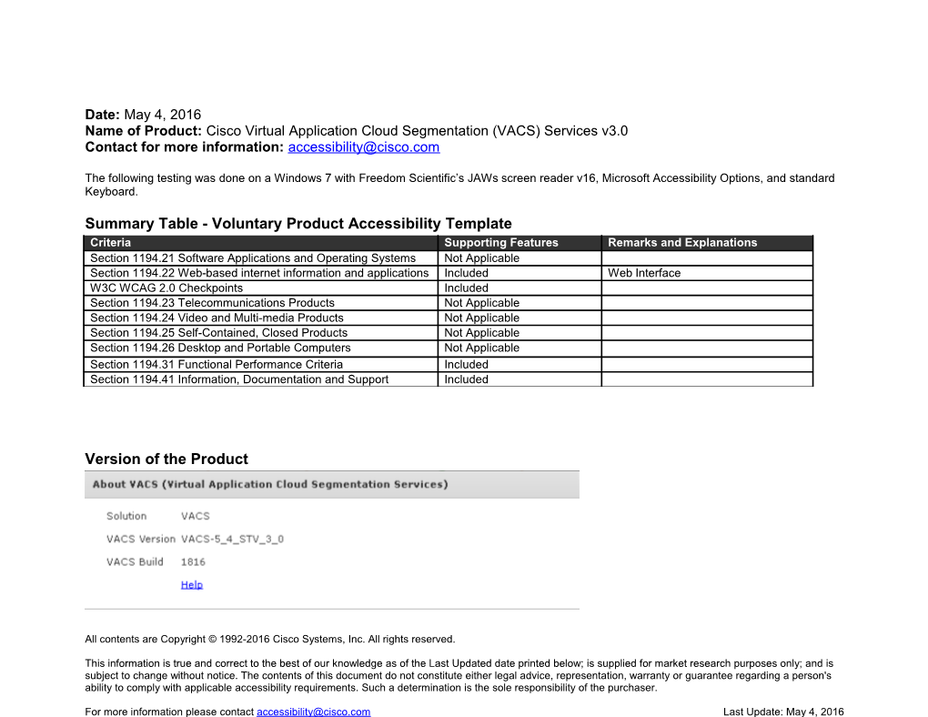 VPAT for Cisco Virtual Application Cloud Segmentation (VACS) Services