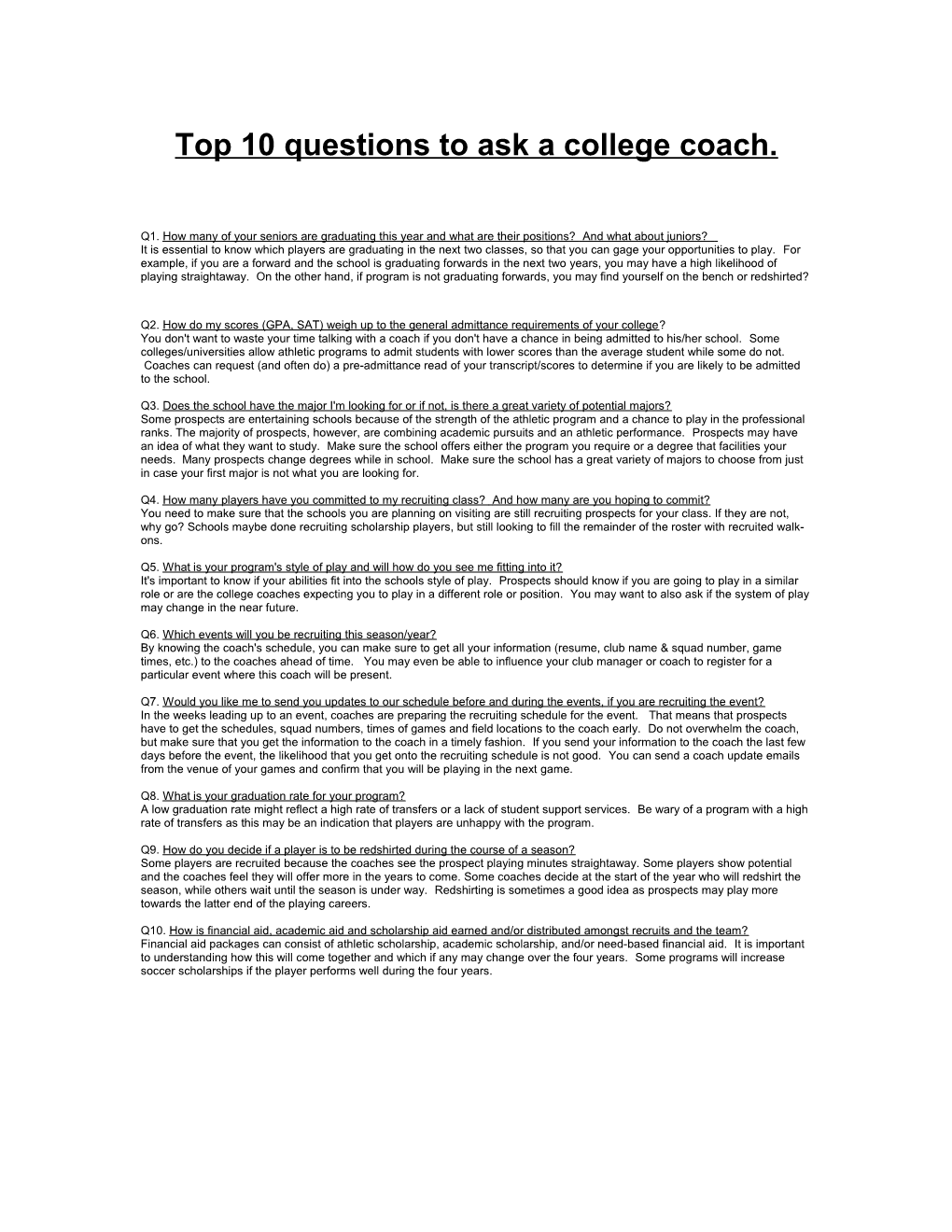 Top 10 Questions to Ask a College Coach