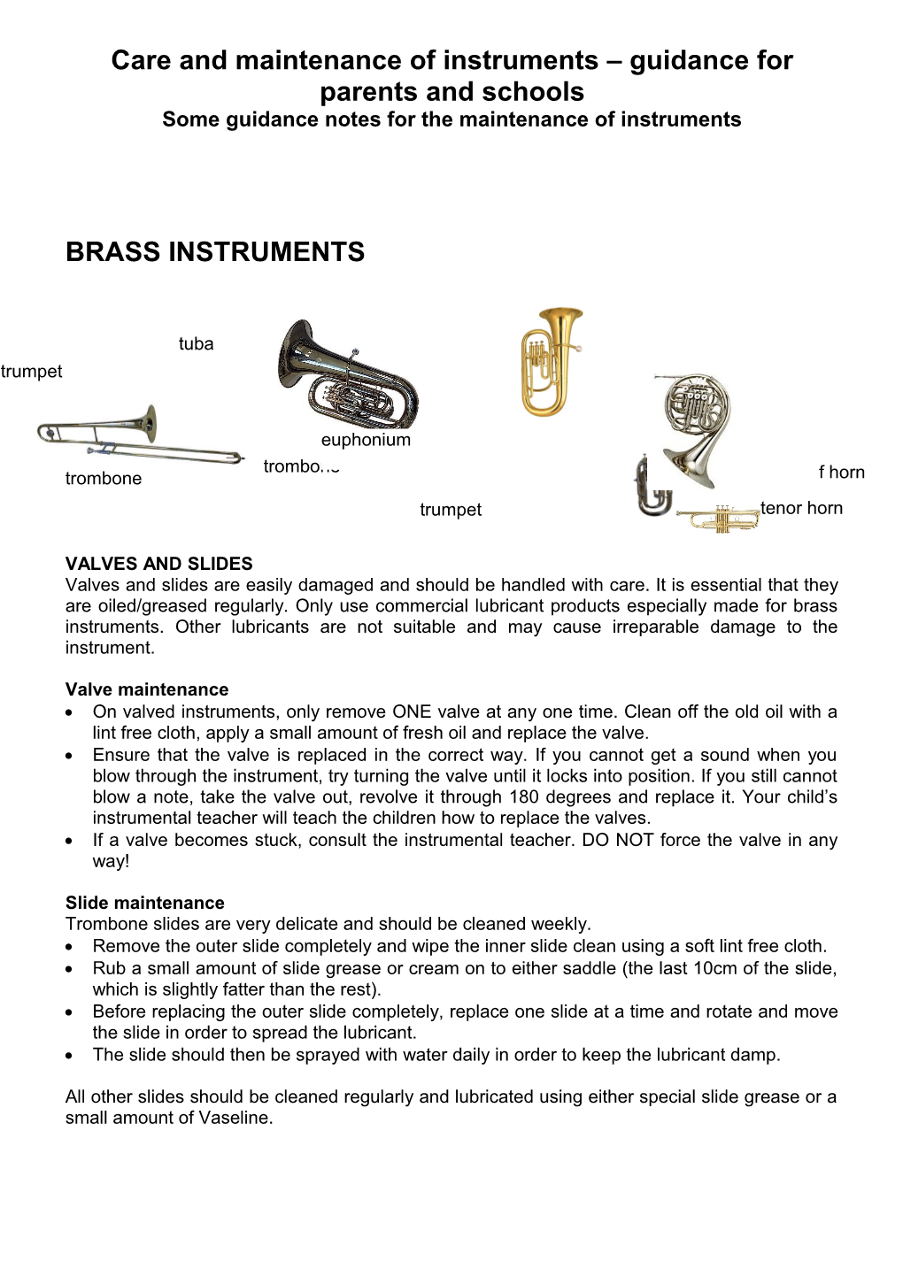 Care and Maintenance of Instruments Guidance for Parents and Schools