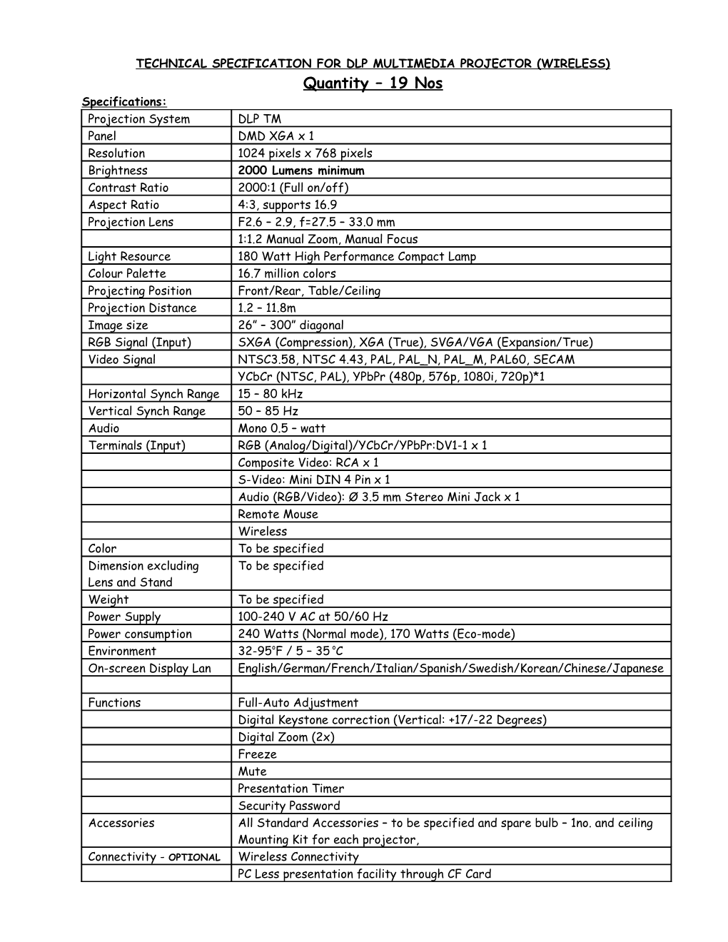 Technical Specification for the Dlp Multimedia Projector (Wireless)