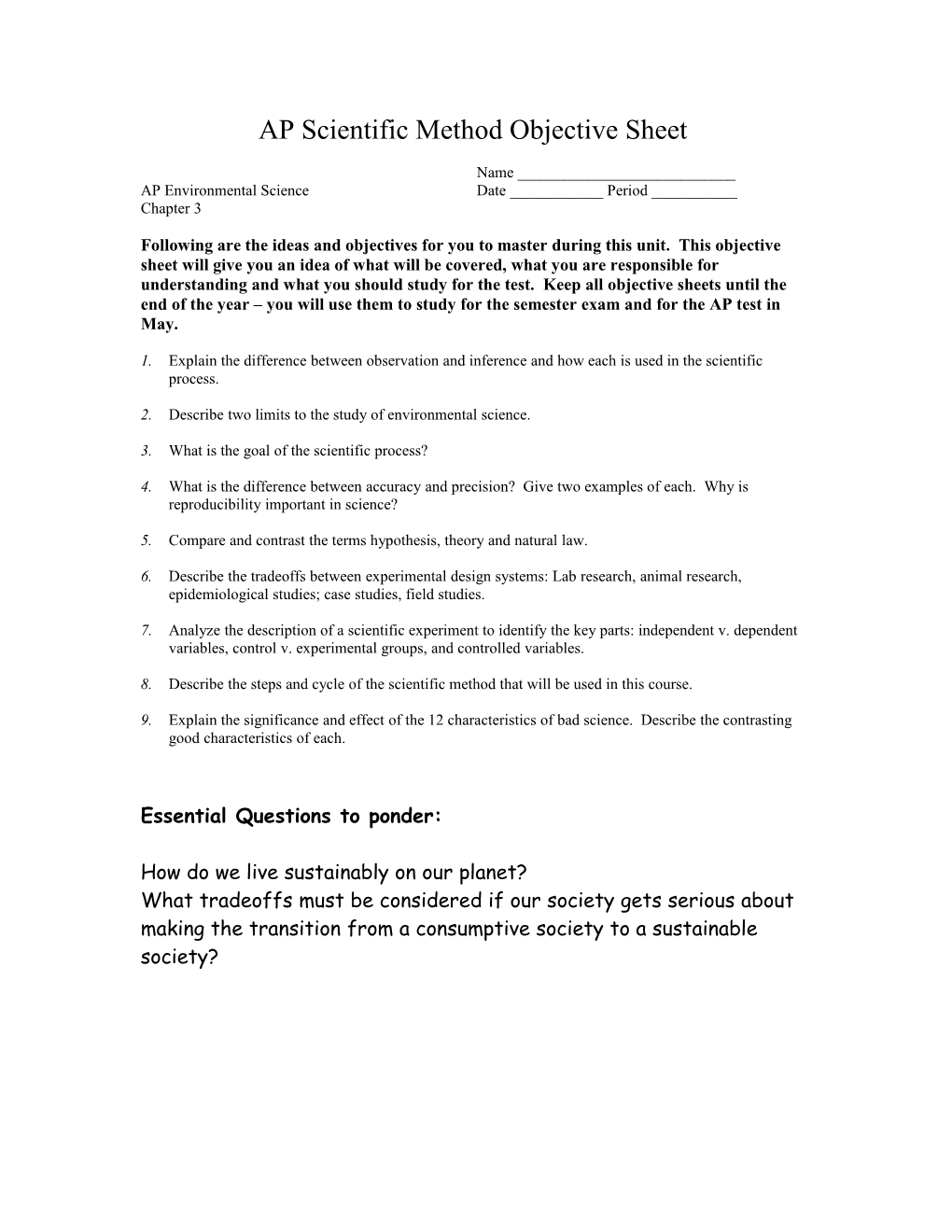 AP Scientific Method Objective Sheet