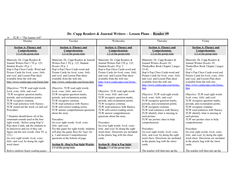Dr. Cupp Readers & Journal Writers Lesson Plans Reader #9