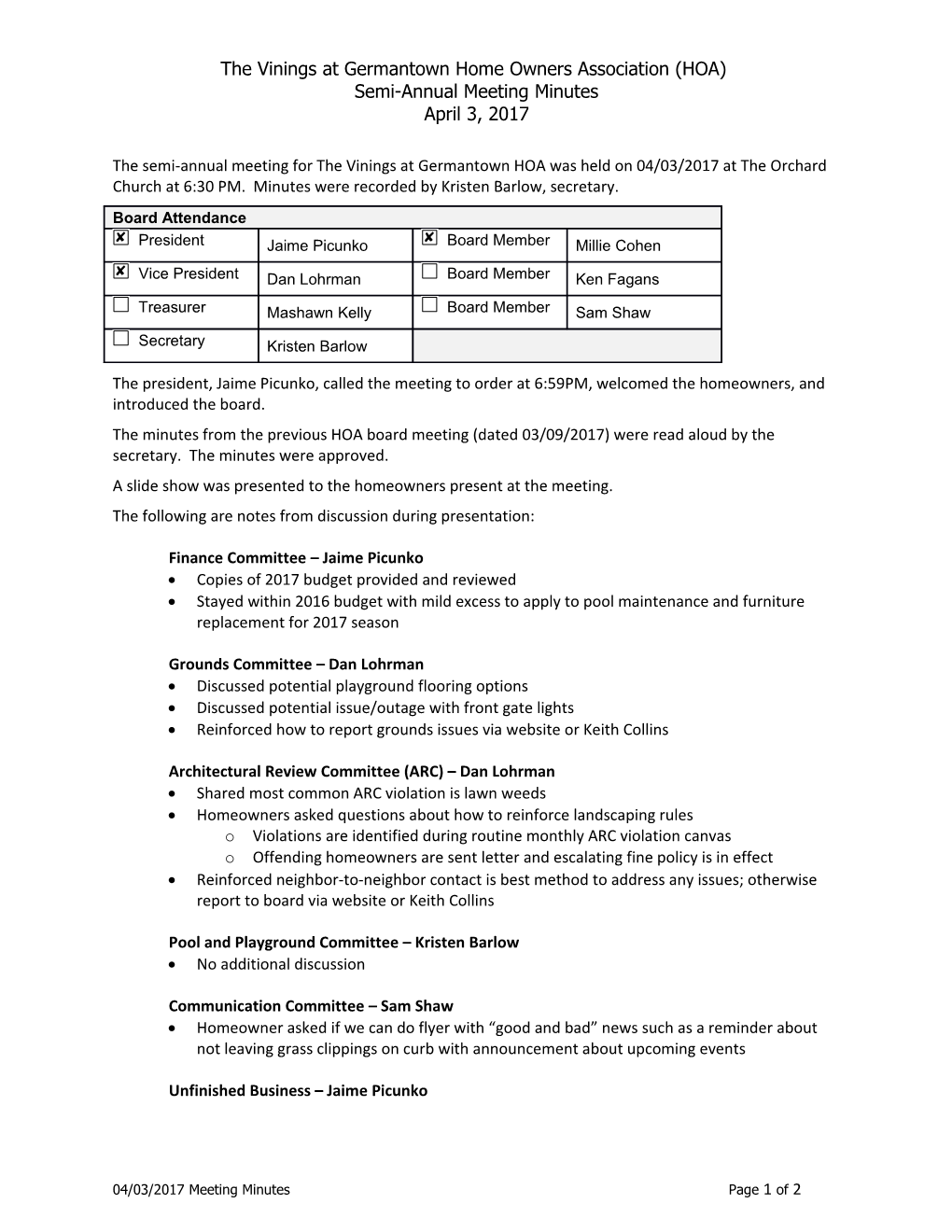 The Vinings at Germantown Home Owners Association (HOA)