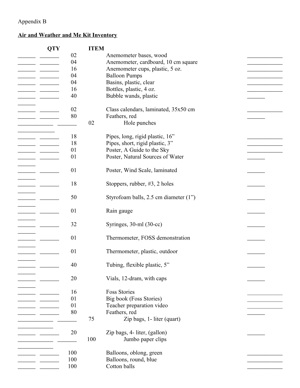 Air and Weather and Me Kit Inventory