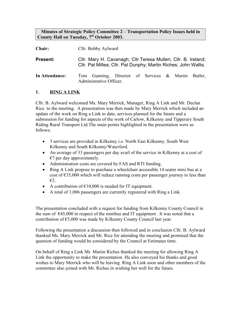 Minutes of Strategic Policy Committee 2 Transportation Policy Meeting Held on 7Th October, 2003