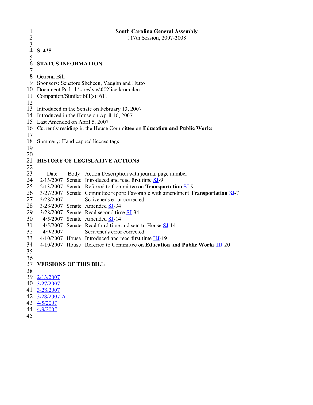 2007-2008 Bill 425: Handicapped License Tags - South Carolina Legislature Online