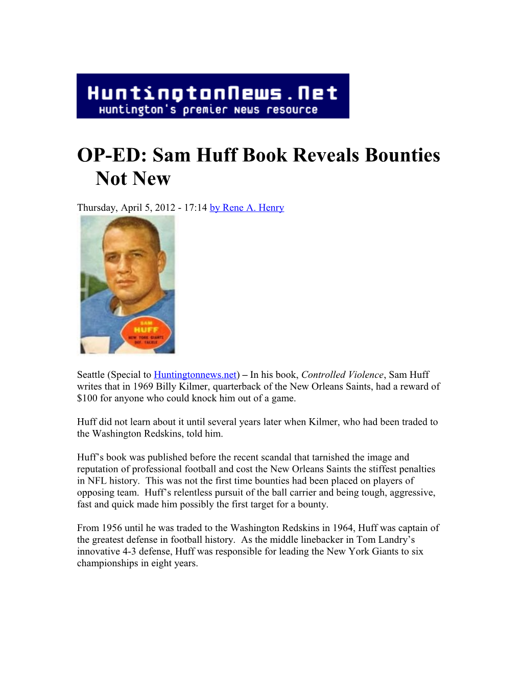 OP-ED: Sam Huff Book Reveals Bounties Not New