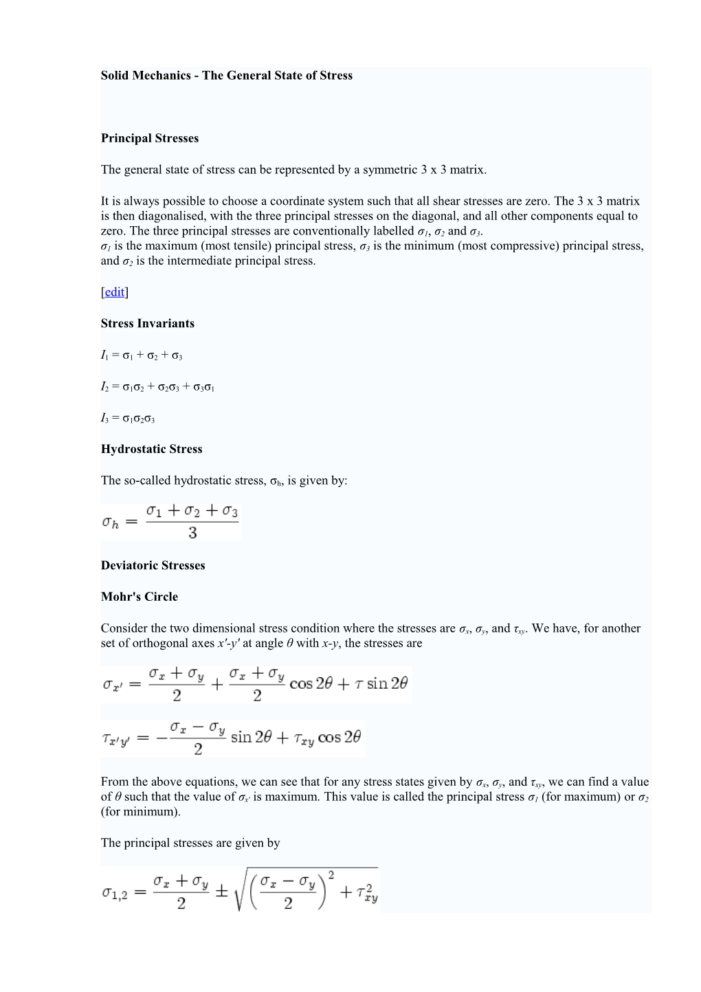 Solid Mechanics - the General State of Stress