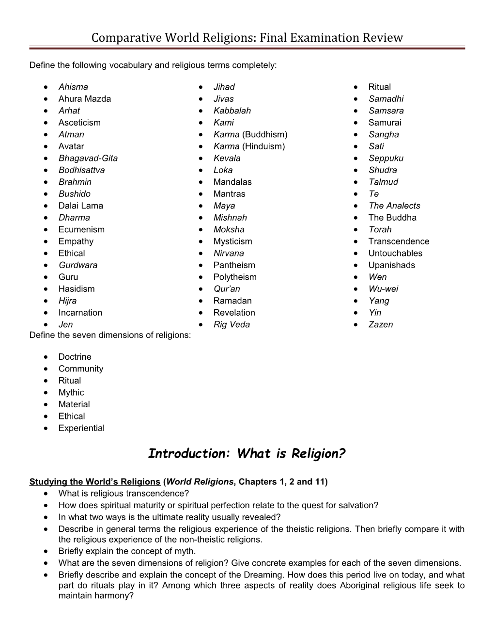 Comparative World Religions: Final Examination Review