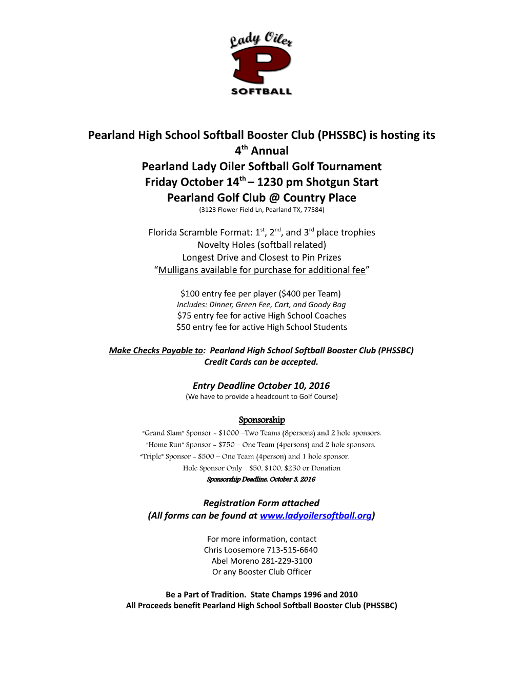 Pearland High School Softball Booster Club (PHSSBC) Is Hosting Its