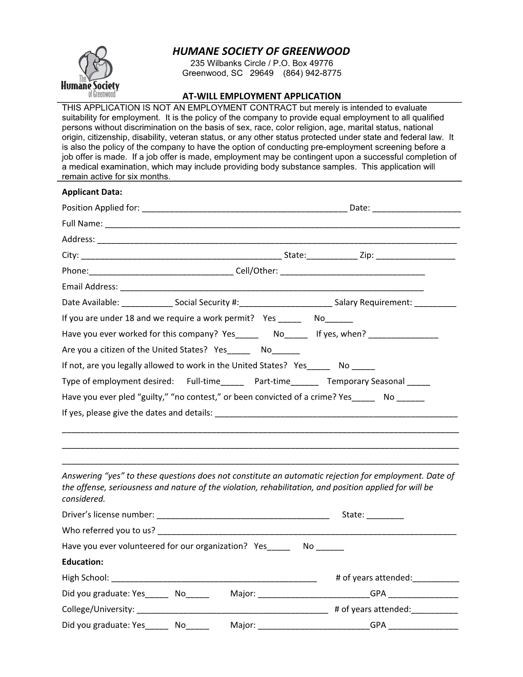 At-Will Employment Application